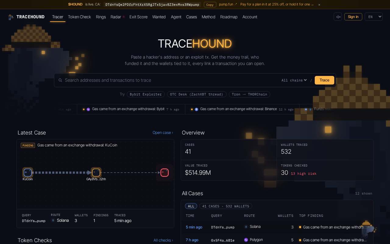 Screenshot of tracehound.pro as our browser saw it