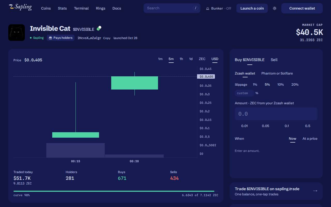 Screenshot of sapling.cash as our browser saw it