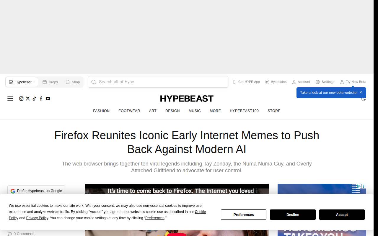 Screenshot of hypebeast.com as our browser saw it