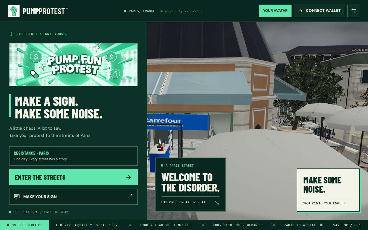 Screenshot of pumpprotest.fun as our browser saw it