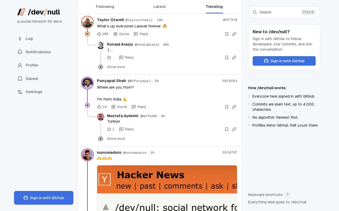 Screenshot of dev-null.sh as our browser saw it