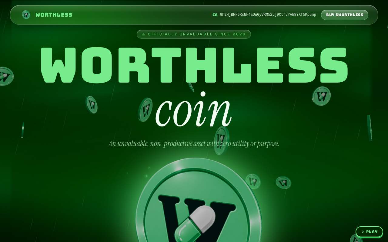 Screenshot of worthlesscoin.org as our browser saw it