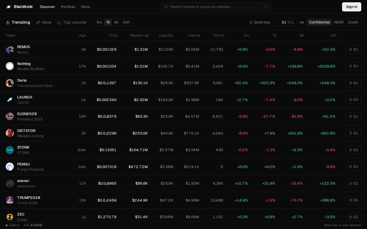 Screenshot of blackhole.exchange as our browser saw it
