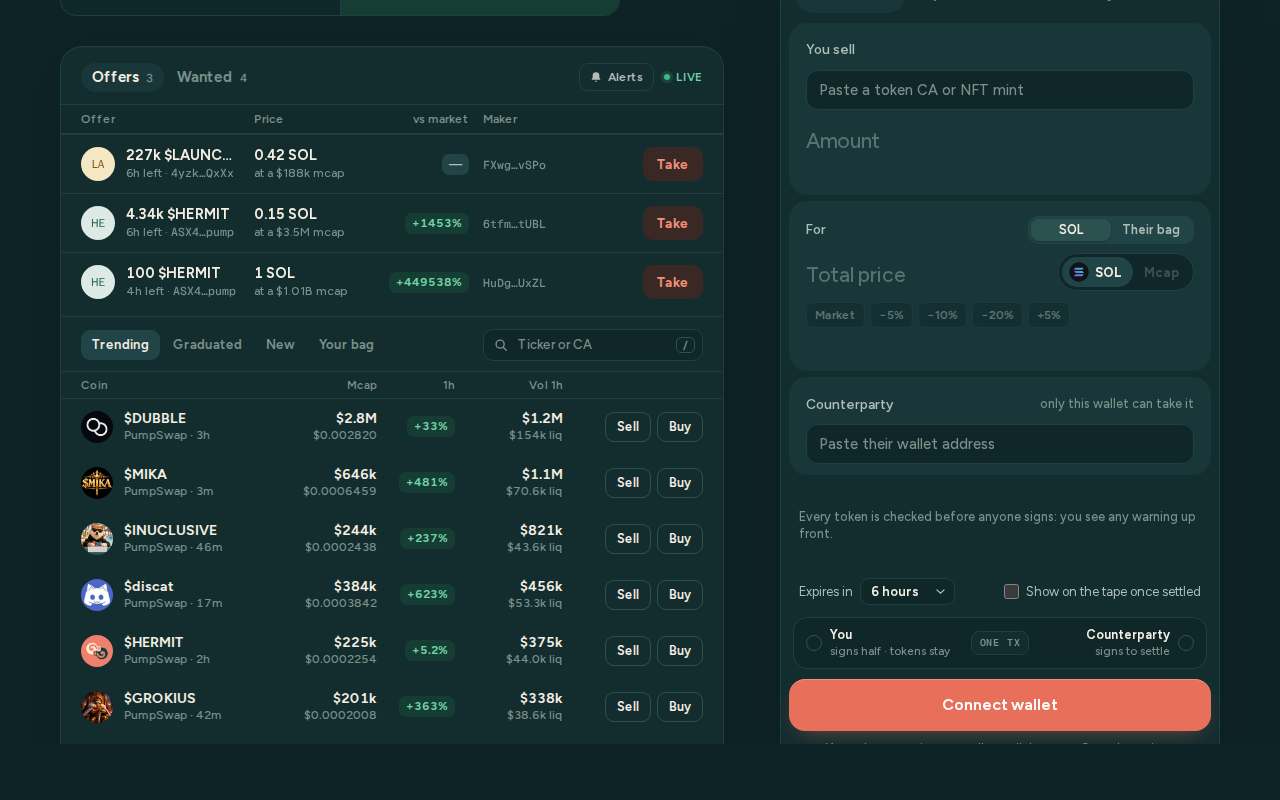 Screenshot of hermitswap.fun as our browser saw it