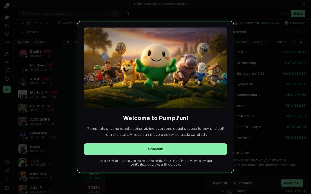 Screenshot of pump.fun as our browser saw it