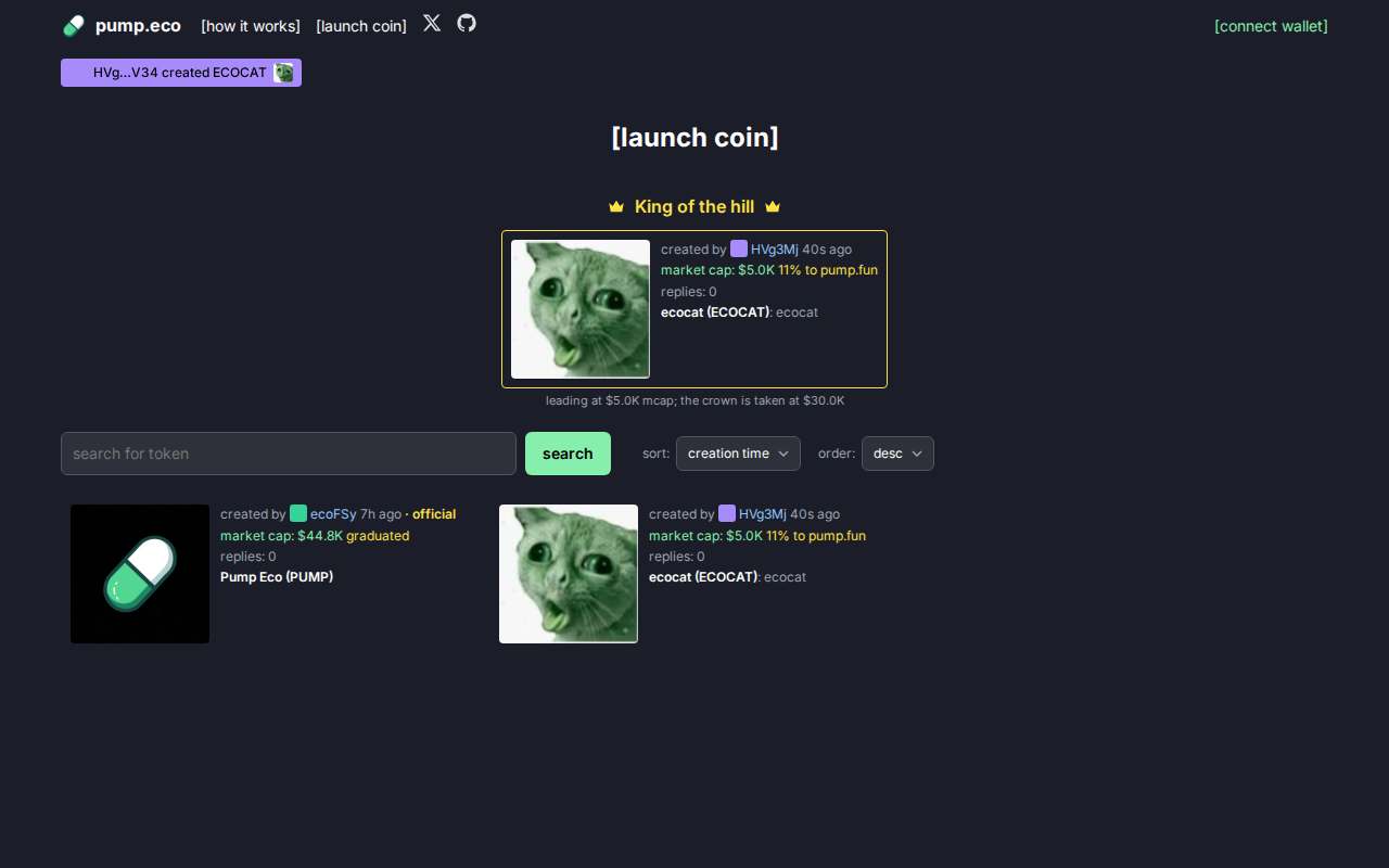 Screenshot of pump.eco as our browser saw it