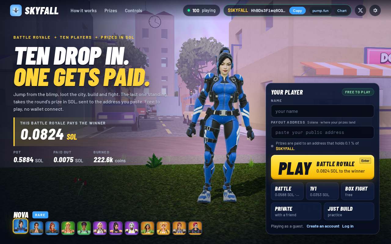Screenshot of playskyfall.fun as our browser saw it