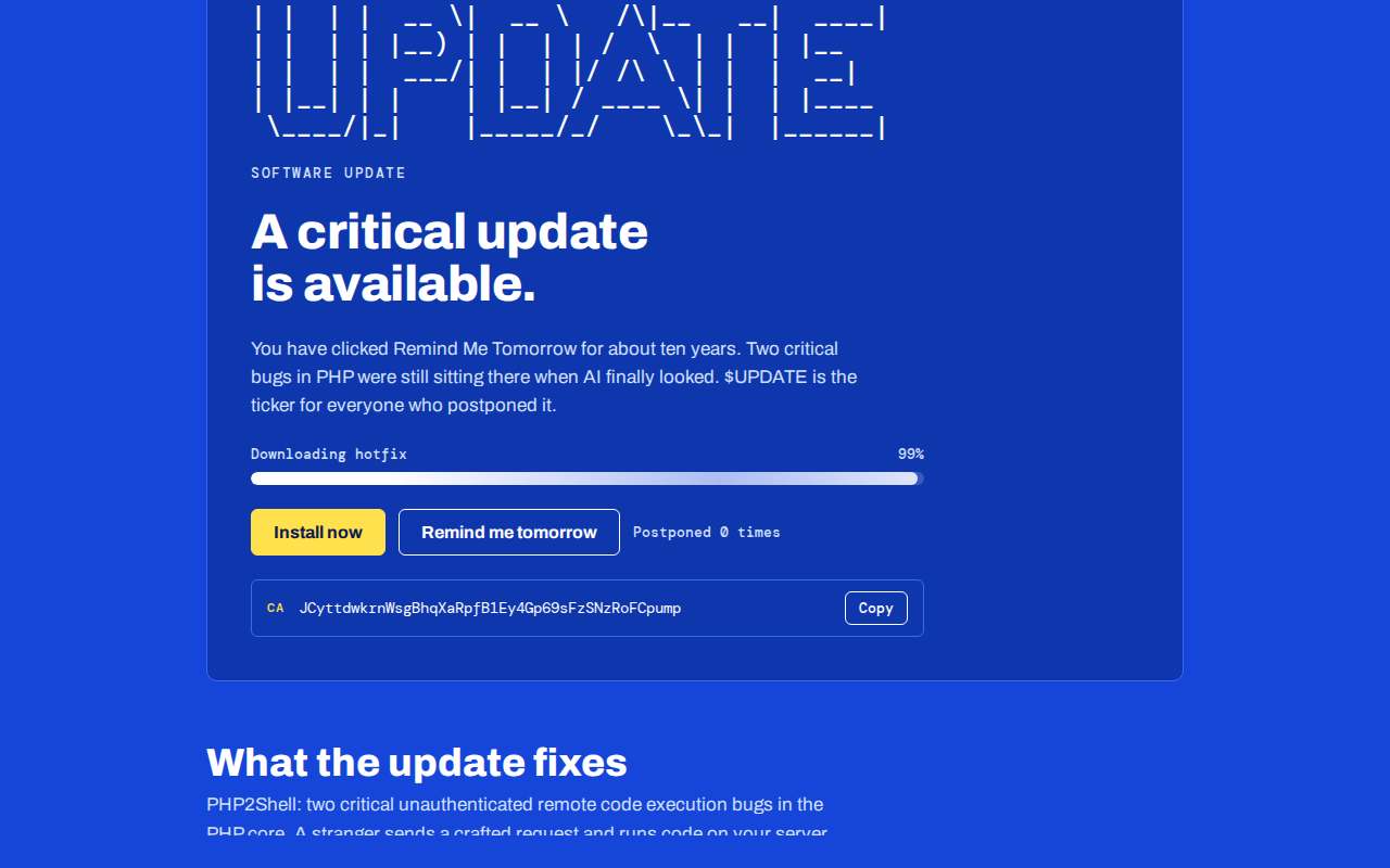 Screenshot of updatephp2shell.online as our browser saw it