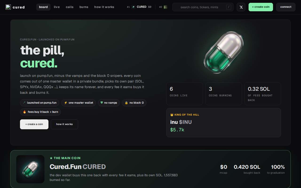 Screenshot of cured.fun as our browser saw it